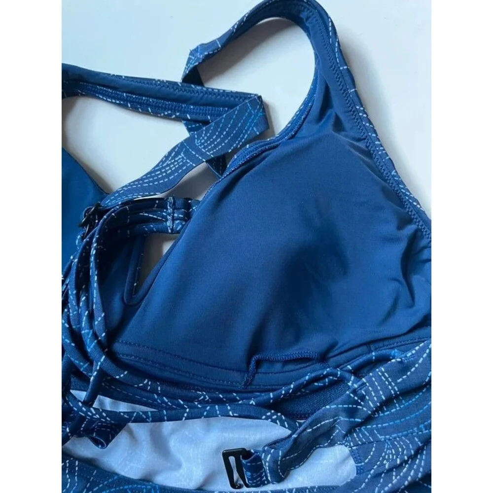 Title Nine Tankini Top 34C Navy Geometric Strappy Back removable pads
